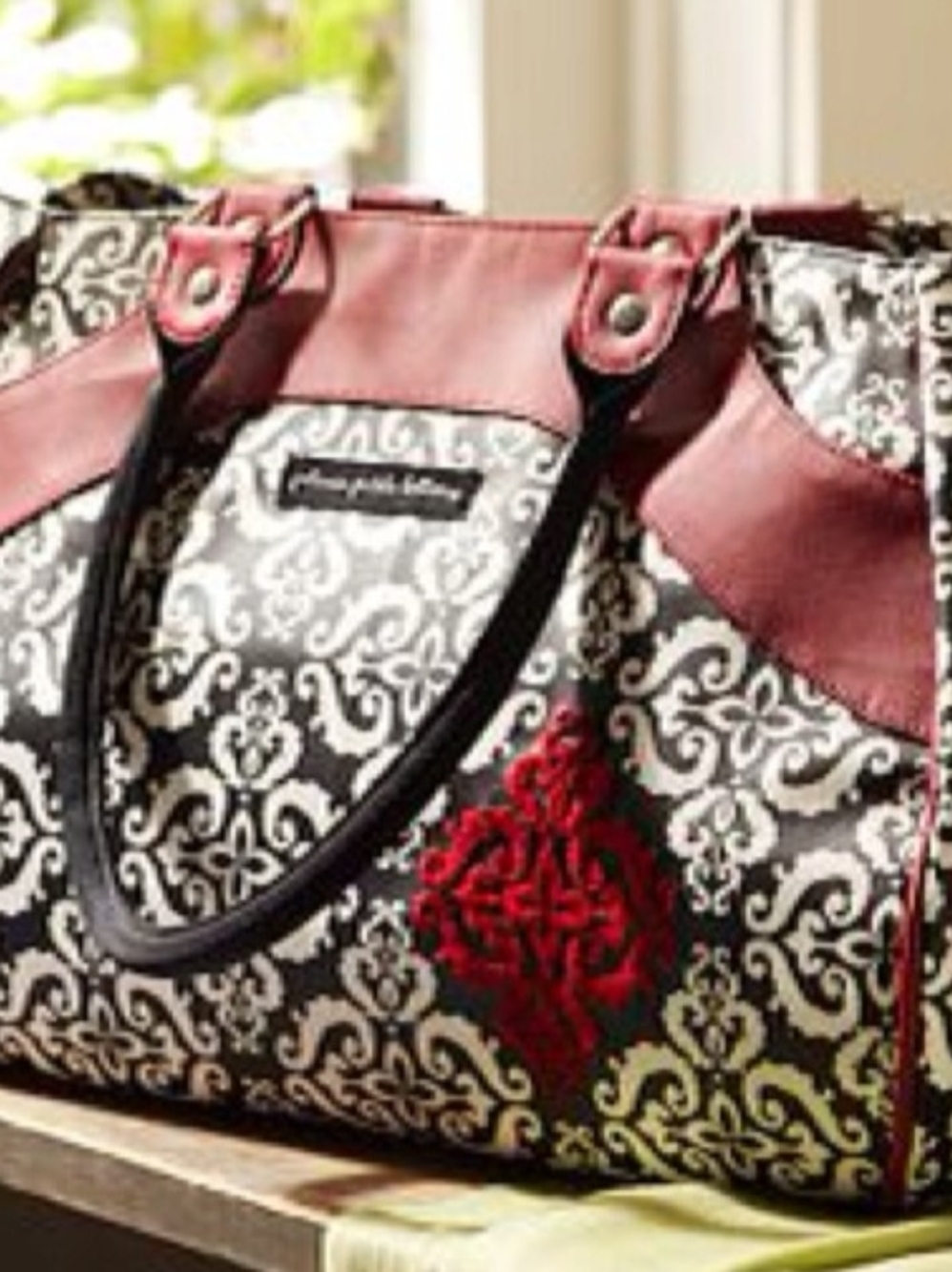Black & Red Damask Tote Bag with Burgundy Accents